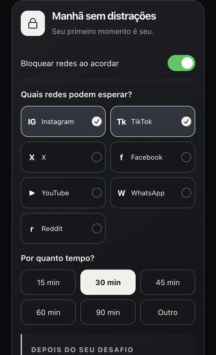 Bloqueio de Instagram e TikTok ao acordar no app UP
