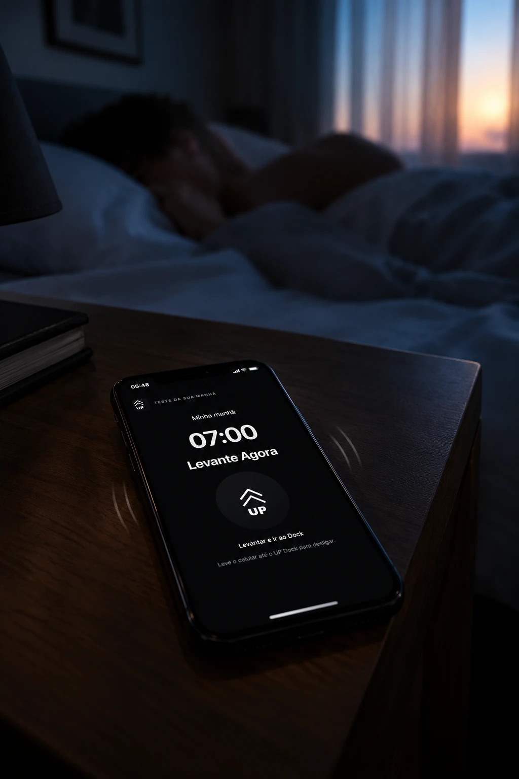 Alarme UP tocando na mesinha de cabeceira ao amanhecer